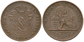 Бельгия 2 сантима 1876 Belges, Леопольд II (1865-1909) KM 35 медь 4618-1111
