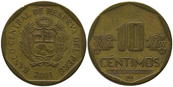 Перу 10 сентимо 2001 LIMA KM 305.4, Schon 104 латунь 4543-756