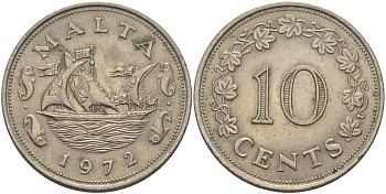 Мальта 10 центов 1972 баржа Великого магистра KM 11 медно-никель 82-625