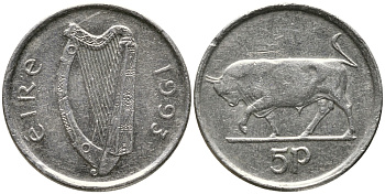 ИРЛАНДИЯ 5 ПЕНСОВ 1993 БЫК KM 28 медно-никель 100-515