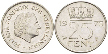 Нидерланды 25 центов 1975 Юлиана (1949-1980) KM 183 никель 214-969
