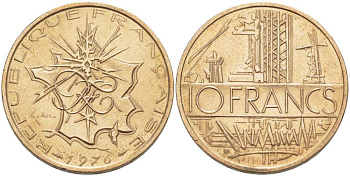 Франция 10 франков 1976 тип Матье KM 940, Le Franc 365.7-8 никель латунь 215-512