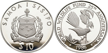 Самоа 10 тала 1986 25 лет WWF, самоанский куриный голубь KM 72 серебро PROOF 01-170-43