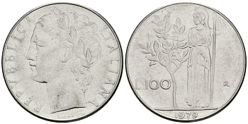 Италия 100 лир 1979 R, Афина у оливкового дерева KM 96.1 нержавеющия сталь 81-612
