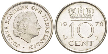 НИДЕРЛАНДЫ 10 ЦЕНТОВ 1979 ЮЛИАНА (1948-1980) KM 182 никель 211-1252