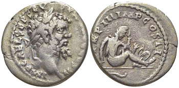 Римская Империя денарий 195 Септимий Север, IMP CAE L SEP SEV PERT AVG COS II, бюст императора / TR P III IMP COS II, сидящий пленник, Эмесса, 2,62 гр RIC 433var. серебро 1073-18-55