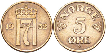 НОРВЕГИЯ 5 ЭРЕ 1952 ХАКОН VII (1905-1957) KM 400 бронза 215-126