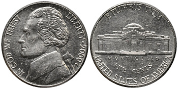 США 5 центов 2000 D, Джефферсон KM А192 медно-никель UNC 4577-1213