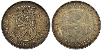 Нидерланды 10 гульденов 1973 25 лет правления королевы Юлианы KM 196 серебро 443-824