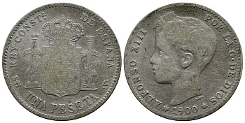ИСПАНИЯ 1 ПЕСЕТА 1900 (00) SM-V, АЛЬФОНСО XIII (1886-1931) KM 706 (Y88) серебро 3334-211