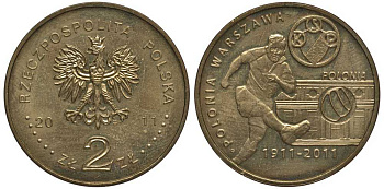 Польша 2 злотых 2011 серия польские футбольные клубы, Полония (Варшава) KM 799 латунь 111-521