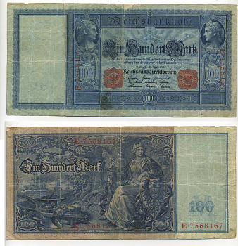 ГЕРМАНИЯ 100 МАРОК 1910 21 АПРЕЛЯ 1910, КРАСНАЯ СЕРИЯ Pick 42 бумага 7217-45-1