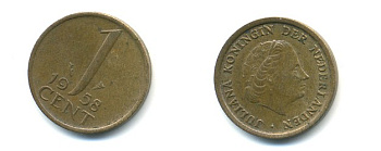 НИДЕРЛАНДЫ 1 ЦЕНТ 1958 ЮЛИАНА KM 180 бронза 80-954