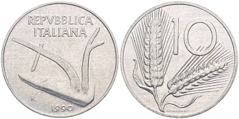 ИТАЛИЯ 10 ЛИР 1990 R, КОЛОСЬЯ, ПЛУГ KM 93 алюминий 4551-242