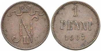 РОССИЯ ДЛЯ ФИНЛЯНДИИ 1 ПЕННИ 1907 НИКОЛАЙ II KM 13, Биткин 468 медь 4396-1329
