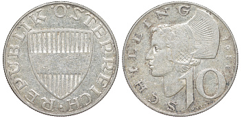 Австрия 10 шиллингов 1958 KM 2882 серебро 4178-1142