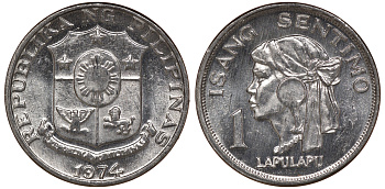 Филиппины 1 сентимо 1974 вождь острова Мактан Лапу-Лапу KM 196 алюминий UNC M52-13