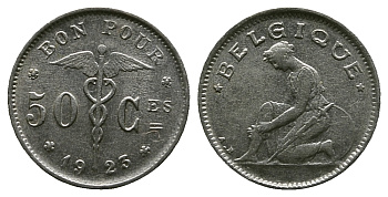 БЕЛЬГИЯ 50 САНТИМОВ 1923 BELGIQUE KM 87 никель 4384-113