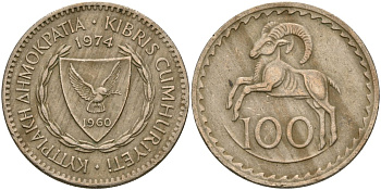 Кипр 100 милсов 1974 европейский муфлон KM 42 медно-никель 4111-1143