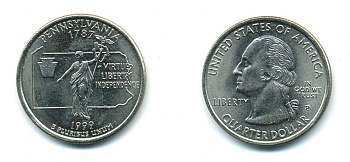США 25 центов = квотер 1999 Р, серия штаты США, Пенсильвания KM 294 медь плакированная медно-никелем 4388-816