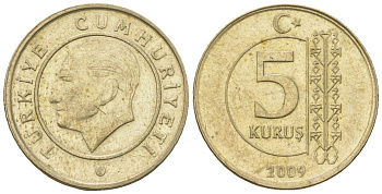 Турция 5 курушей 2009 KM 1240 медь цинк никель 4602-565