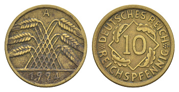 Германия 10 рейхспфеннигов 1924 A KM 40, J. 317 алюминиевая бронза 4640-351