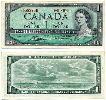 Канада 1 доллар 1954 Елизавета II (1952- ), Bouey-Rasminsky Pick 75 c бумага 2197-1-1-2