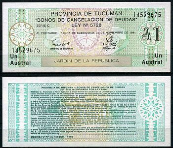 Аргентина, провинция Тукуман 1 аустраль 1991 Pick S 2711b  бумага  UNC (пресс) 7202-29-1