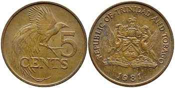 Тринидад и Тобаго 5 центов 1981 райская птица KM 30 бронза 4398-134