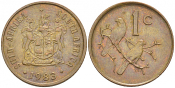 ЮАР 1 цент 1983 герб, капские воробьи KM 82 бронза 105-915