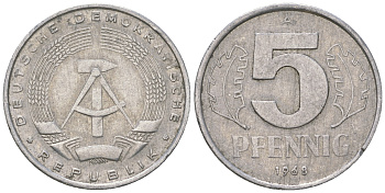 ГДР 5 пфеннигов 1968 А KM 9.1 алюминий 4625-145