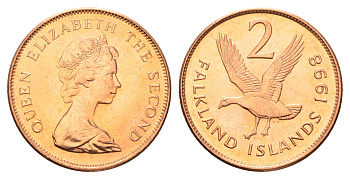 Фолклендские острова (Фолкленды) 2 пенса 1998 Елизавета II (1952-2022), магелланов гусь KM 3 сталь плакированная медью  UNC  4675-546