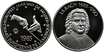 БЕЛЬГИЯ МЕДАЛЬ 1985 МЕЖДУНАРОДНЫЙ ГОД МУЗЫКИ, ИОГАНН СЕБАСТЬЯН БАХ (1685-1750), ДИАМЕТР 30 ММ., ВЕС 12 ГР. серебро PROOF 00-000-00