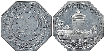 Германия, Нюрнберг - Фюрт 20 пфеннигов ND трамвайный жетон, ворота Spittler алюминий UNC 4119-654