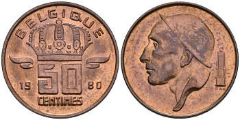 Бельгия 50 сантимов 1980 Belgique KM 148.1 бронза UNC 192-461