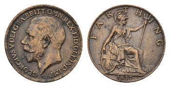 Великобритания 1 фартинг 1917 Георг V (1910-1936) KM 808.1, Spink 4059 бронза 4690-755