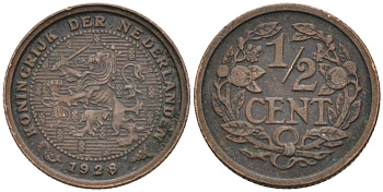 Нидерланды 1/2 цента 1928 Вильгельмина (1890-1948) KM 138 бронза 4576-453