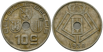 Бельгия 10 сантимов 1938 Belgique - Belgie KM 112 никель латунь 4121-256