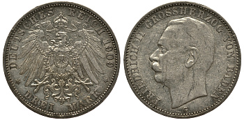 Баден 3 марки 1909 Фридрих II (1907-1918) J. 39, KM 280 серебро    3711-1633