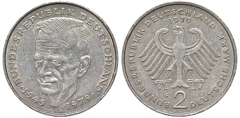 ФРГ 2 марки 1979 F, Курт Шумахер, 30 лет Федеративной Республике (1949-1979) KM 149, J. 424 медно-никель 4137-1022