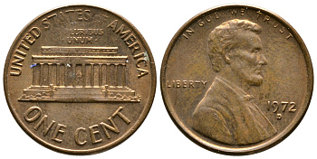 США 1 ЦЕНТ 1972 D, ЛИНКОЛЬН KM 201 медь цинк 93-1253