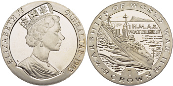 Гибралтар 1 крона 1993 серия военные корабли второй мировой войны, H.M.A.S. WATERHEN австралийский эсминец W-класса KM 123 медно-никель BUNC 1084-9-31