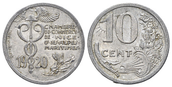 Франция, Ницца 10 сантимов 1920 диаметр 25 мм, вес 1,5 гр Elie mon 10.2 алюминий 4126-1051