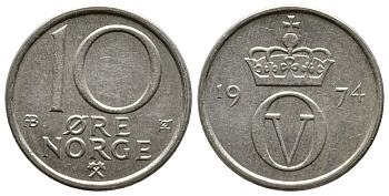 Норвегия 10 эре 1974 Улаф V (1958-1991) KM 416 медно-никель 220-466