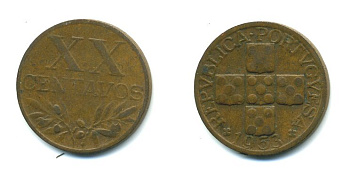 ПОРТУГАЛИЯ 20 СЕНТАВО 1953 KM 584 бронза 45-1251