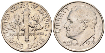 США 10 центов = дайм 1996 P, Рузвельт KM 195а медь плакированная медно-никелем 4115-756