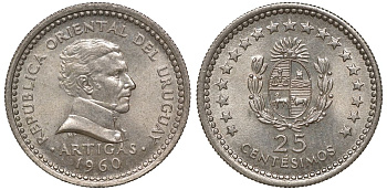 Уругвай 25 сентесимо 1960 KM 40 медно-никель 4169-863