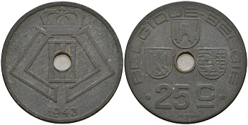 Бельгия 25 сантимов 1943 Belgique - Belgie, Леопольд III (1934-1947), германская оккупация, Вторая мировая война KM 131 цинк 4157-446