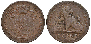 БЕЛЬГИЯ 1 САНТИМ 1899 KM 33.1 медь 3334-1213