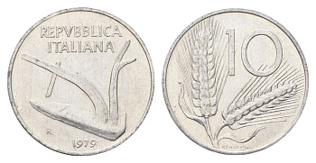 Италия 10 лир 1979 R, плуг, колосья KM 93 алюминий 4704-552